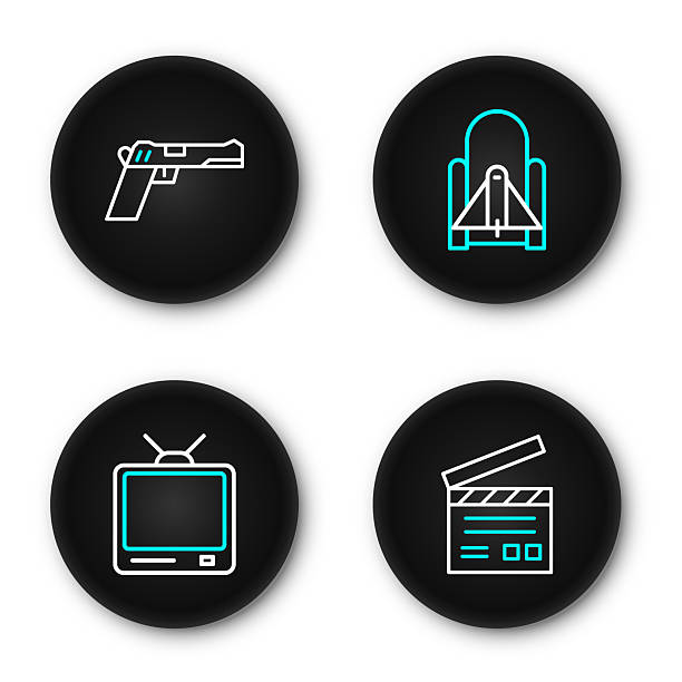 Set line Movie clapper Retro tv Rocket launch from the spaceport and Pistol gun icon. Vector.