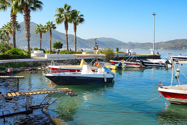 Boats on the beach in Fethiye district of Muğla province in Türkiye.