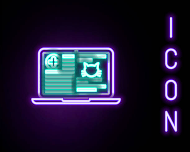istock Glowing neon line Medical clinical record cat on laptop icon isolated on black background. Health insurance form. Prescription, medical check marks report. Colorful outline concept. Vector 2220162781