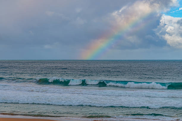 istock Rainbow over the ocean with waves and clouds in the sky 2220165629