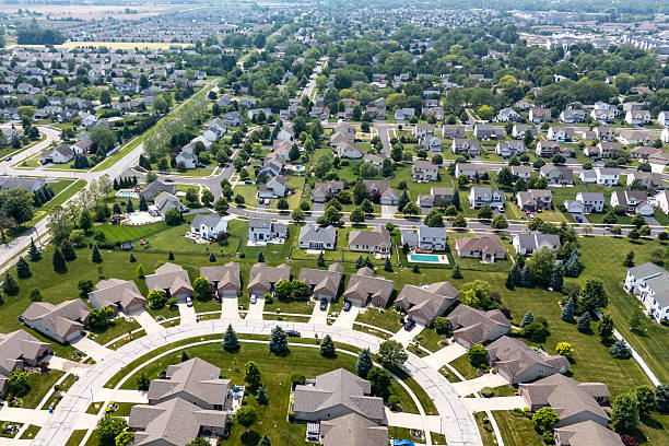 istock Suburban neighborhood seen from above. 2220167521