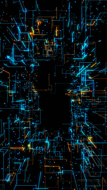 High-tech digital tunnel with glowing blue and orange neon circuit lines on a black vertical layout. Ideas for futuristic, sci-fi, and cyber technology themes. Background 3d Rendering