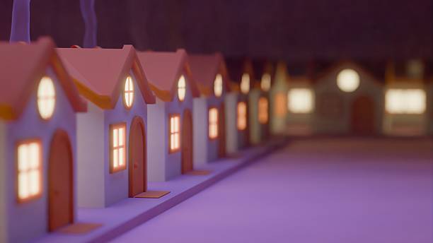 istock Perspective view of stylized houses with glowing windows on purple surface 2220171757