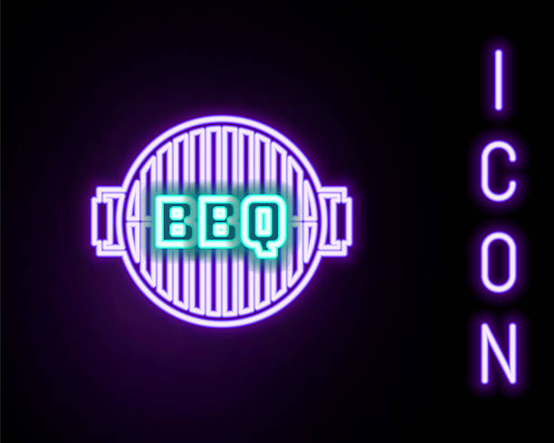 istock Glowing neon line Barbecue grill icon isolated on black background. Top view of BBQ grill. Steel grid. Colorful outline concept. Vector 2220184290
