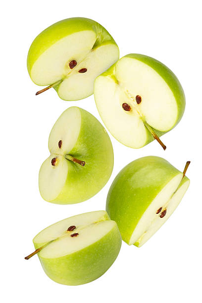 istock Falling Green Apple isolated on white background with clipping path, full depth of field 2220186670