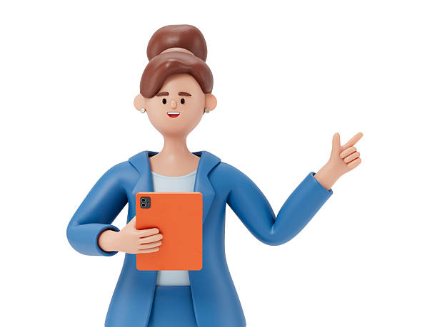 istock woman holding tablet, pointing upwards 2220189904