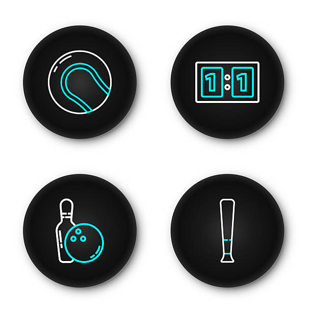 Set line Baseball bat, Bowling pin and, Sport mechanical scoreboard and icon. Vector Set line Baseball bat Bowling pin and Sport mechanical scoreboard and icon. Vector. baseball-scorecard stock illustrations