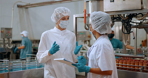 istock Team reviewing production efficiency on food processing plant. 2220194910