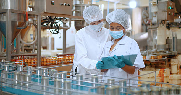 istock Team reviewing production efficiency on food processing plant. 2220195091