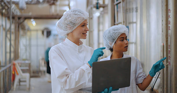 istock Team reviewing production efficiency on food processing plant. 2220195125