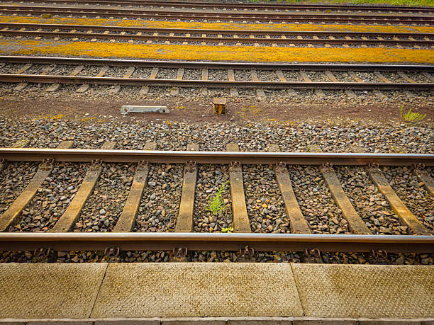 Steel railway tracks and ballast on a quiet morning at the Diepholz train station platform with yellowish accents. Atmosphere, railway tracks, station 49356 Diepholz