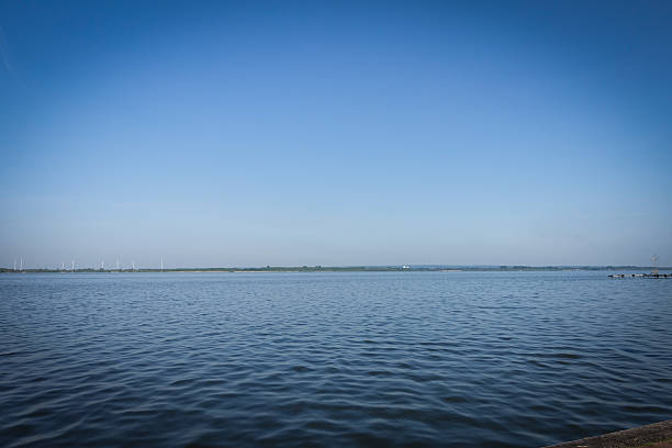 A sweeping view of a tranquil lake stretching beneath a pristine blue sky. The Dümmer, also referred to as Dümmer Lake on official signposts, is a 12.4 km² large and up to 1.4 m deep lake in the western North German lowlands in the Diepholz district of Lower Saxony.