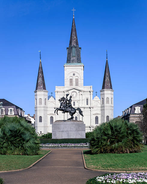 A view of St. Louis Cathedral in New Orleans, Louisiana, known as one of the oldest cathedrals in the United States, located in the historic French Quarter.