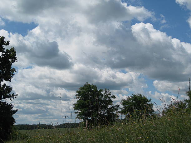 istock Fluffy white clouds over forest landscape on a sunny day 2220206530