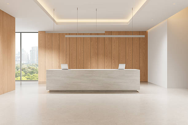 istock Modern reception area with minimalist interior design, wooden wall panels, stone desk, and panoramic window view of city skyline and greenery. 3D Rendering 2220207149