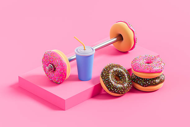 Donut dumbbell, milkshake and sprinkled donuts on pink podium with pastel background, symbolizing contrast between fitness and junk food concept. 3D Rendering