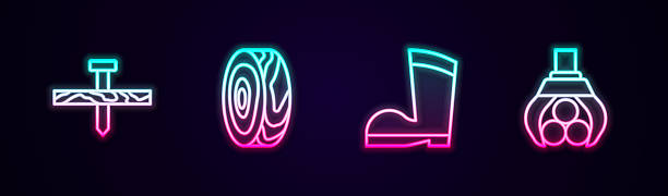 istock Set line Metallic nail, Tree rings, Waterproof rubber boot and Grapple crane grabbed log. Glowing neon icon. Vector 2220209356