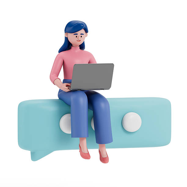 istock A woman sits on a stylized blue speech bubble using a laptop 2220213819