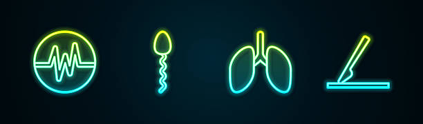istock Set line Heart rate, Sperm, Lungs and Medical surgery scalpel. Glowing neon icon. Vector 2220215347
