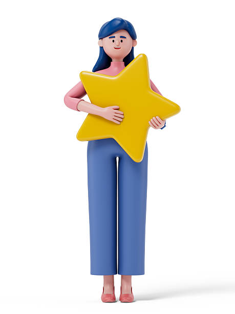 woman holding a yellow star, symbolizing achievement or high rating. 3D rendering, conceptual image. Isolated on white background.