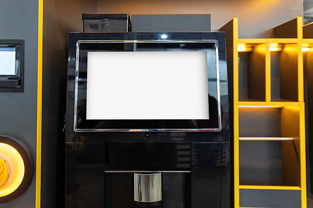 istock Front view of black coffee machine with large touchscreen 2220221082