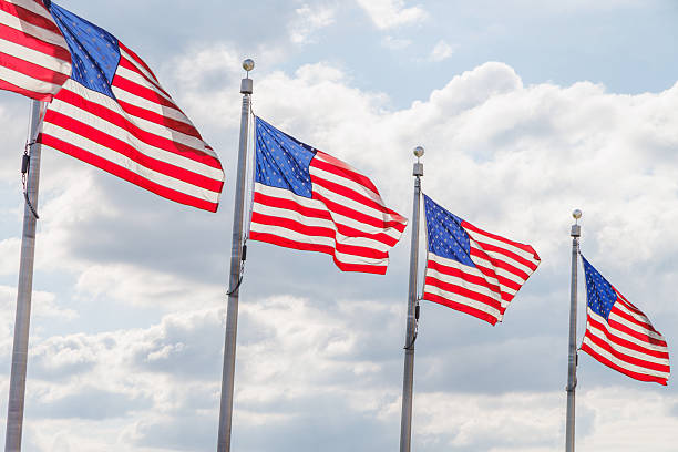 istock Rows of American flags waving against a cloudy sky 2220221492