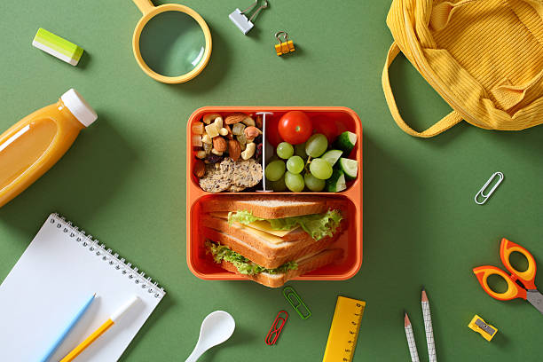 istock A healthy student's lunch with a fresh sandwich and vegetables, ready for a school day. Flat lay on a green background 2220223634