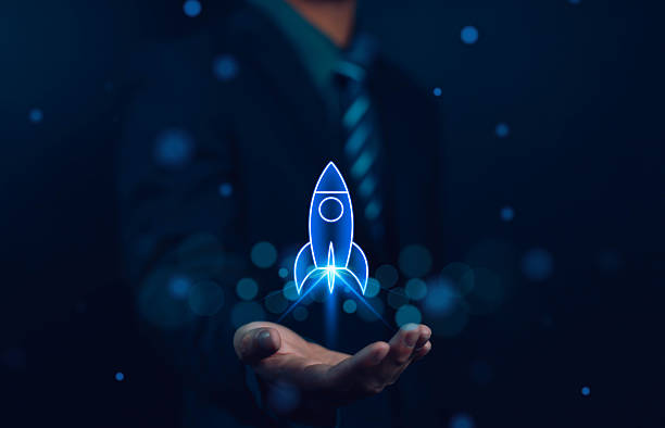 istock Businessman touching transparent rocket icon launching. Startup concept, rocket, company growth, digital success, technology, marketing, finance, innovation. Creative design project. 2220227032
