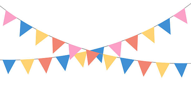 istock Colorful bunting flags on string for birthday party decoration, holiday anniversary fabric garland design, modern festive hanging decor. Isolated. Vector illustration. 2220230063