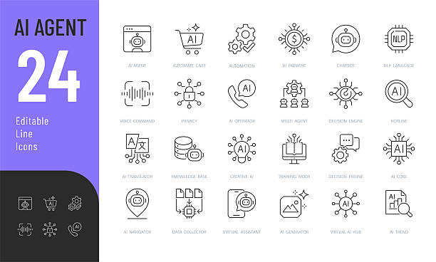 illustrations, cliparts, dessins animés et icônes de ensemble d’icônes modifiables de ligne d’agent d’intelligence artificielle. - intelligence artificielle
