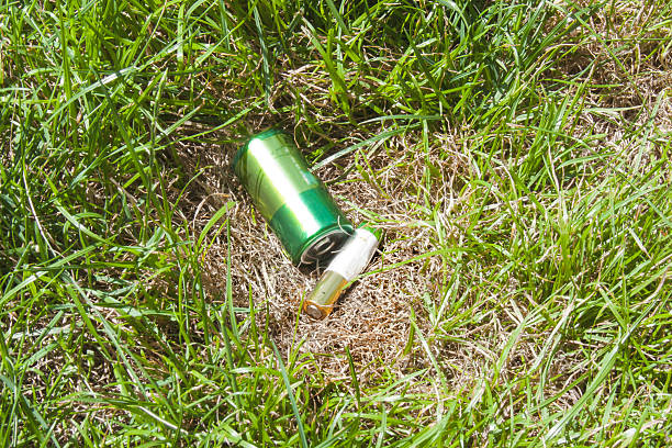 Forgotten items like an aluminum can and a power element lie in the grass, highlighting environmental pollution. A symbol of irresponsible attitude towards nature.