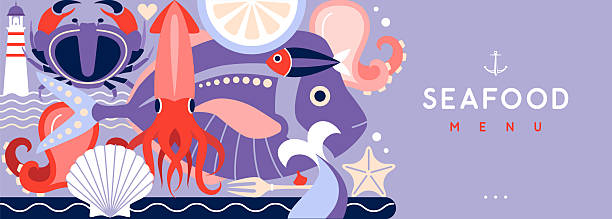 Flat seafood poster or banner with crab, fish, octopus, scallop and lighthouse. Restaurant seafood menu design. Vector illustration