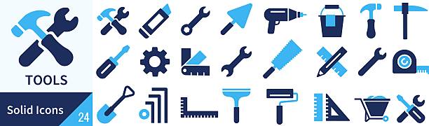 stockillustraties, clipart, cartoons en iconen met two-tone blue tools silhouette icon set - sleutel handgereedschap
