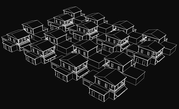 A row of houses in a black and white drawing, each featuring detailed windows and balconies. The dark background creates a mysterious urban atmosphere with a vintage aesthetic.