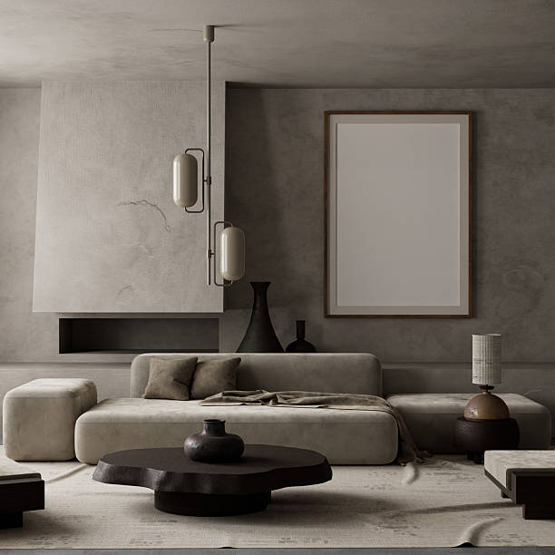 istock Brutalist living room with softened edges. 3D illustration 2220255364