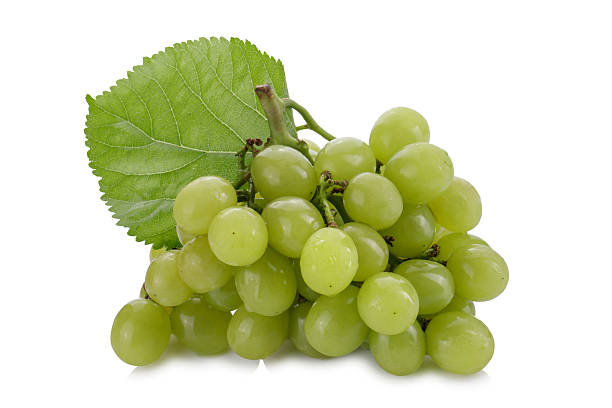istock Green grapes and grape leaves isolated on a white background 2220255434