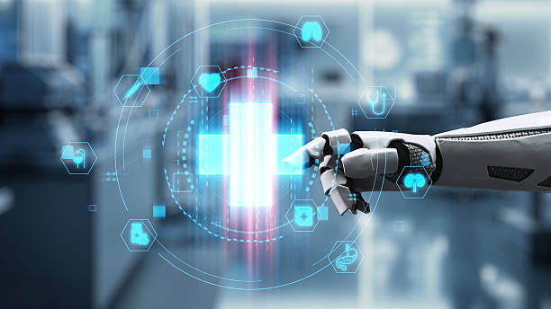 istock Close up of robotic hand pointing and tapping at cross hologram. Salubrious. 2220255568