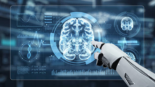 istock Close up of robotic hand pointing and tapping at brain hologram. Salubrious. 2220255621