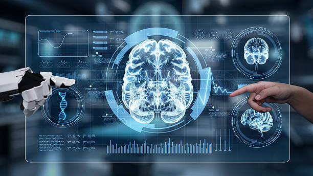 istock Robot and human reaching hand and pointing with brain icon floating. Salubrious. 2220255650