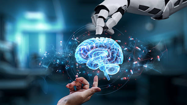 istock Robot and human reaching hand and pointing with brain icon floating. Salubrious. 2220255729