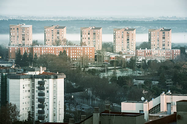 Madrid, Spain, January 2nd, 2025: Urban Serenity: Foggy Morning in Aluche