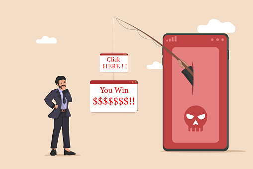 Scam Click Mobile Phishing Scam Man Reflecting On A Deceptive You Win Notification ...