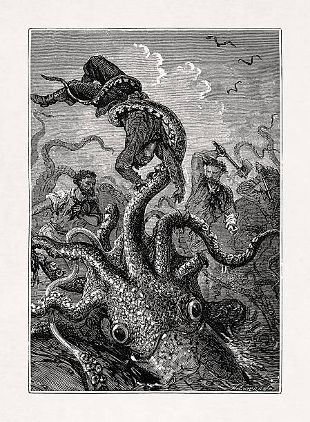 Illustration depicting a giant squid attacking the crew of the Nautilus from the book Twenty Thousand Leagues Under the Seas by Jules Verne.