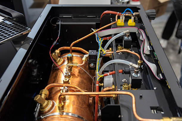 istock Copper boiler and wiring inside coffee machine 2220267275