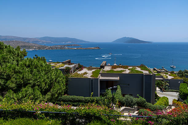 Muğla, Turkey – June 15, 2025:A picturesque panorama of a luxury resort's private bay, featuring its beach, pier, and various yachts, located on the coast of Bodrum, Turkey, in the vicinity of Bitez. The clear blue waters of the Aegean Sea reflect the bright summer sky, highlighting the area's appeal as a high-end tourist destination.