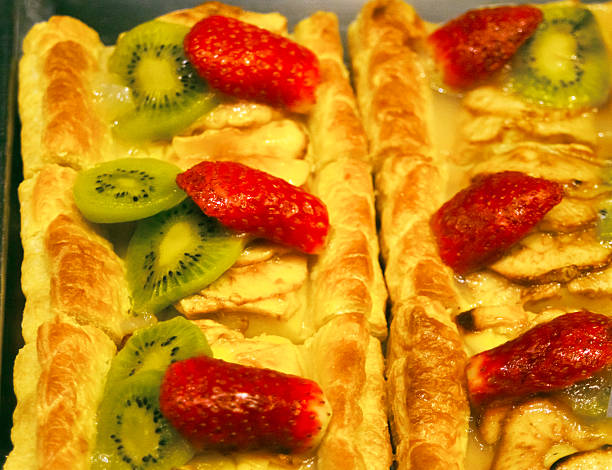Fruits and puff pastry cakes.