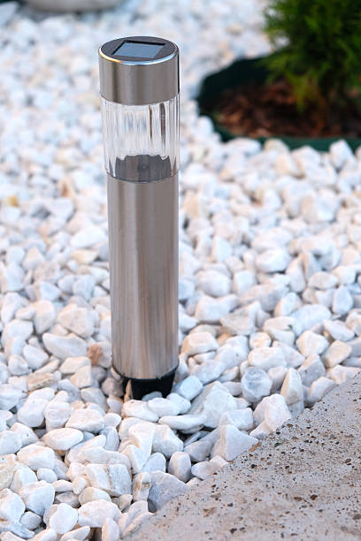 This is a modern solar-powered garden lamp.
