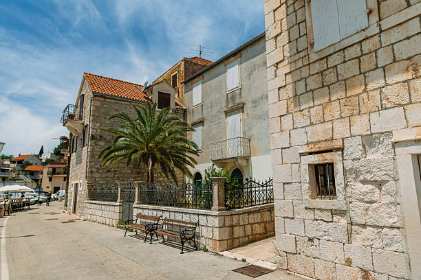 A vibrant photo of a traditional stone house with white wooden shutters and a lush palm tree in front, located on the island of Brac, Croatia. The Mediterranean architecture and bright summer sky capture the peaceful charm of coastal village life in the Dalmatian region.
