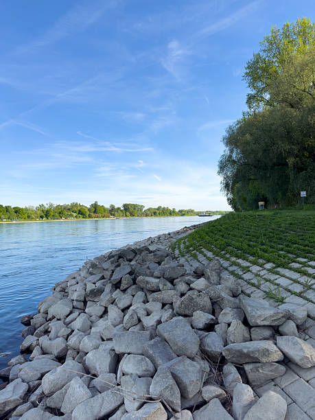 Riverside view with a rock-covered bank transitioning to grass and trees under a blue sky with wispy clouds.