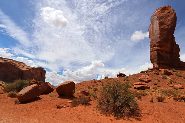 Lone vertical sandstone spire and scattered boulders in Monument Valley under a dramatic sky with cumulus and cirrus clouds. Classic desert terrain of the American Southwest.